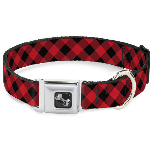 Dog Bone Seatbelt Buckle Collar - Diagonal Buffalo Plaid Black/Red
