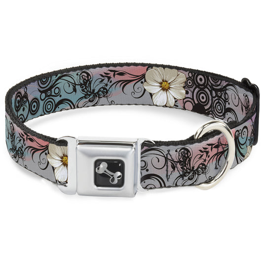 Dog Bone Seatbelt Buckle Collar - Flowers w/Filigree Pink