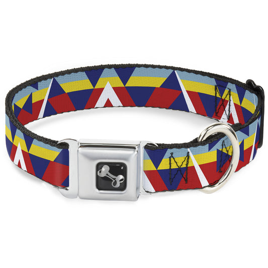 Dog Bone Seatbelt Buckle Collar - Geometric Triangles/Stripe Red/White/Blues/Yellow