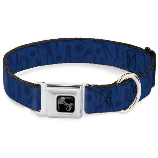 Dog Bone Black/Silver Seatbelt Buckle Collar - Golfing Silhouettes Collage Blues
