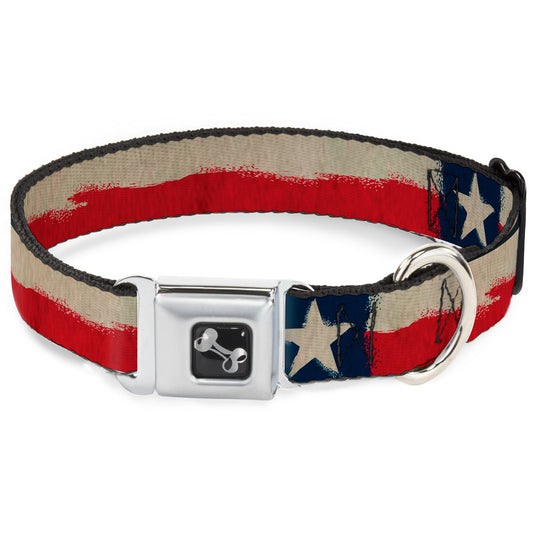 Dog Bone Seatbelt Buckle Collar - Texas Flag CLOSE-UP Distressed Painting