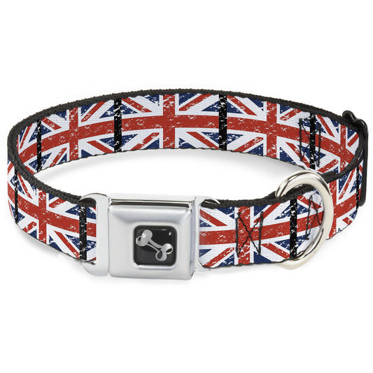 Dog Bone Seatbelt Buckle Collar - United Kingdom Flags Weathered