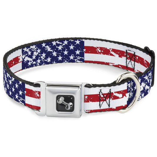 Dog Bone Seatbelt Buckle Collar - United States Flags CLOSE-UP Weathered