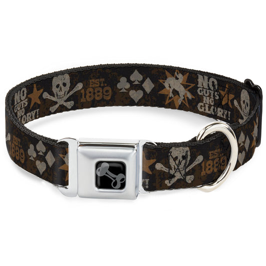 Dog Bone Black/Silver Seatbelt Buckle Collar - Western NO GUTS NO GLORY Skull and Crossbones Browns/Gray