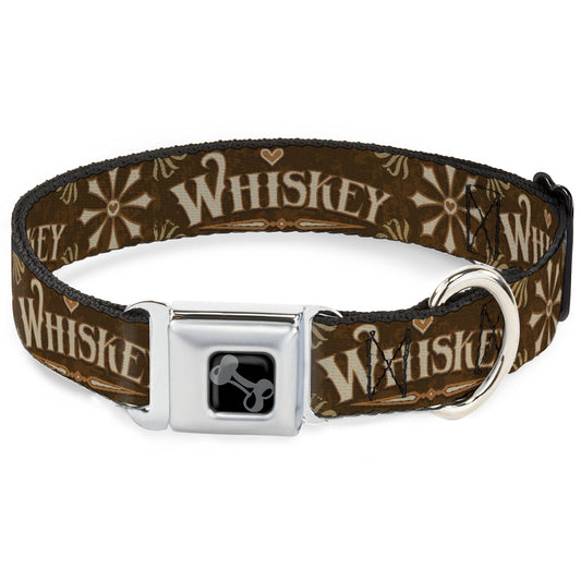 Dog Bone Black/Silver Seatbelt Buckle Collar - Western WHISKEY Heart Repeat Browns/Tan