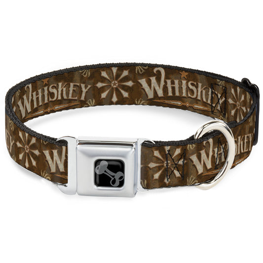 Dog Bone Black/Silver Seatbelt Buckle Collar - Western WHISKEY Star with Text Shadow Repeat Browns/Tan
