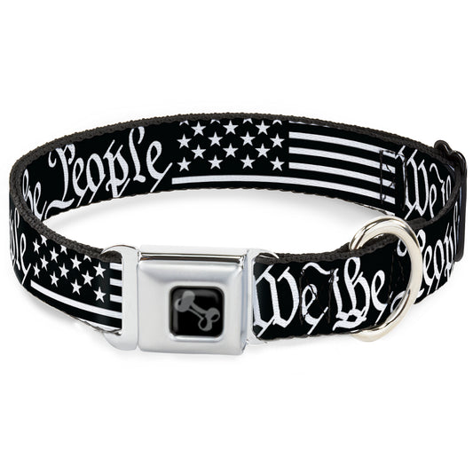 Dog Bone Black/Silver Seatbelt Buckle Collar - Americana Flag/WE THE PEOPLE Black/White