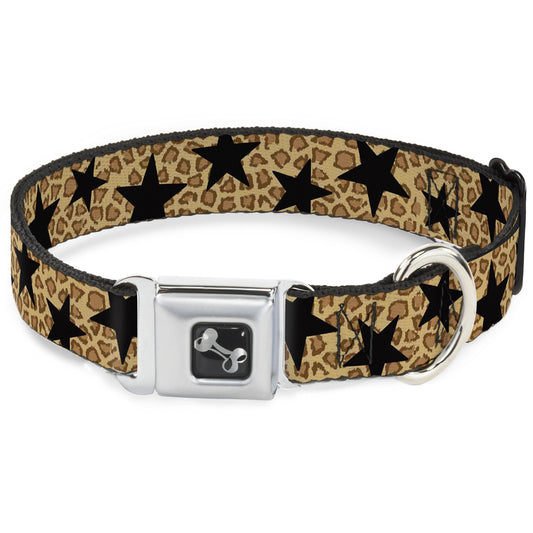 Dog Bone Seatbelt Buckle Collar - Cheetah/Stars Tan/Black