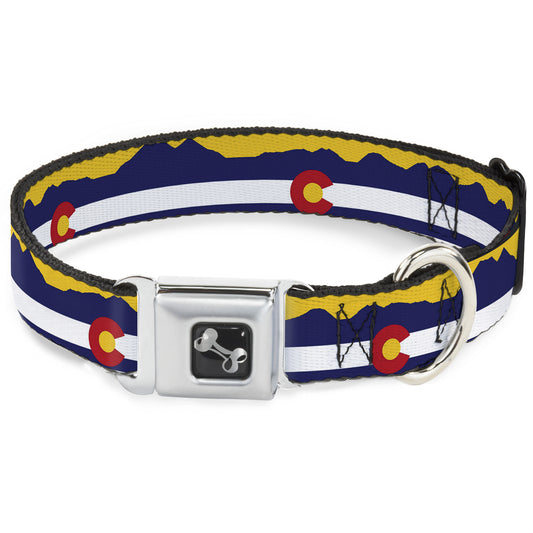Dog Bone Seatbelt Buckle Collar - Colorado Flag/Mountain Silhouette Yellow