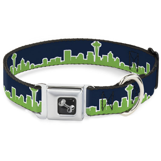 Dog Bone Seatbelt Buckle Collar - Seattle Skyline Navy/Lime Green