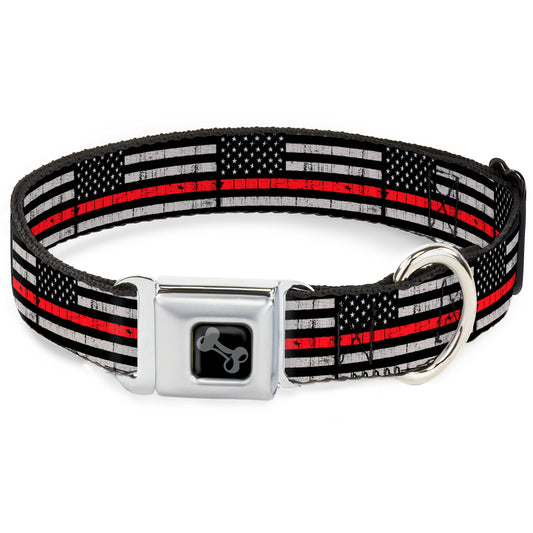 Dog Bone Black/Silver Seatbelt Buckle Collar - Thin Red Line Flag Weathered Black/Gray/Red