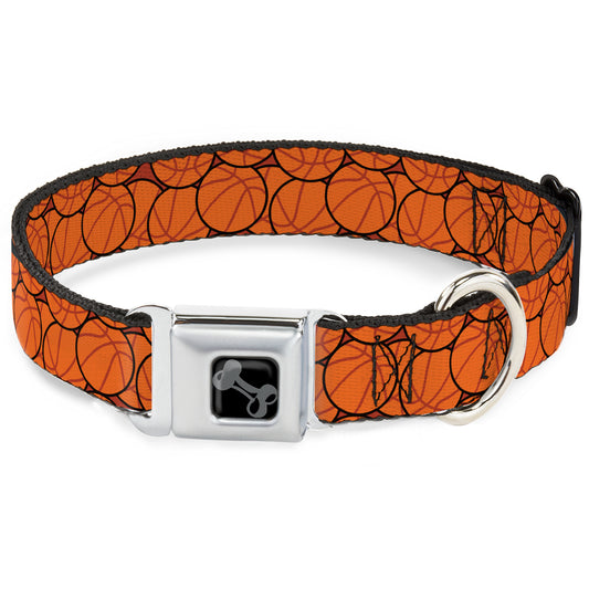 Dog Bone Black/Silver Seatbelt Buckle Collar - Basketballs Stacked