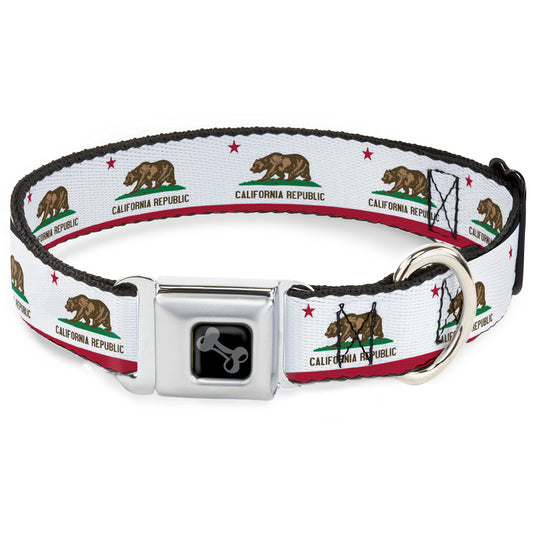 Dog Bone Black/Silver Seatbelt Buckle Collar - California Flag Continuous