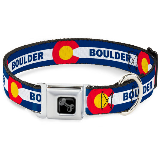 Dog Bone Black/Silver Seatbelt Buckle Collar - Colorado BOULDER Flag Blue/White/Red/Yellow