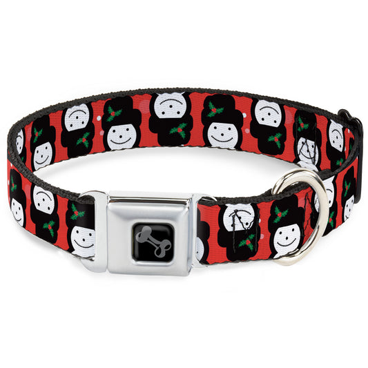 Dog Bone Black/Silver Seatbelt Buckle Collar - Christmas Snowman Flip Red/White