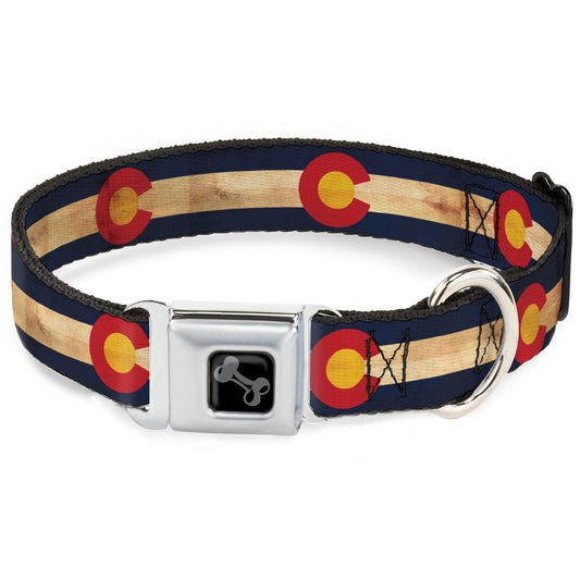Dog Bone Black/Silver Seatbelt Buckle Collar - Colorado Flag Continuous Vintage
