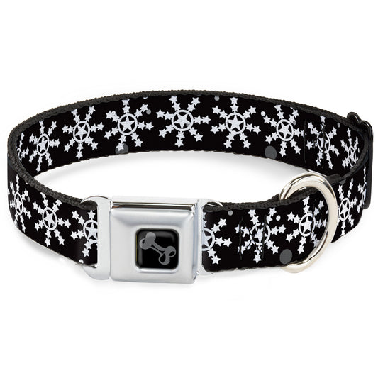 Dog Bone Black/Silver Seatbelt Buckle Collar - Starry Snowflakes Black/White/Gray