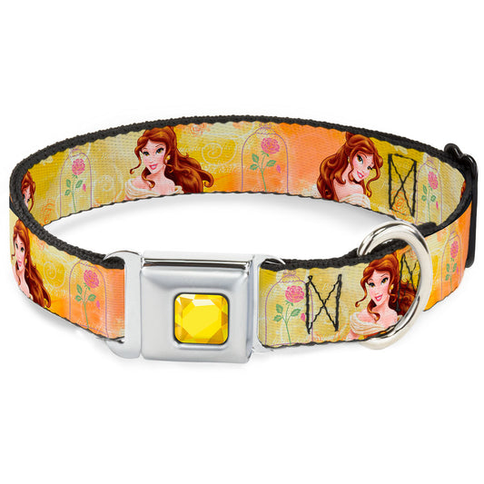 Princess Gem CLOSE-UP Full Color Yellow Seatbelt Buckle Collar - Belle Poses/Enchanted Rose/Story Script Yellow/Pinks