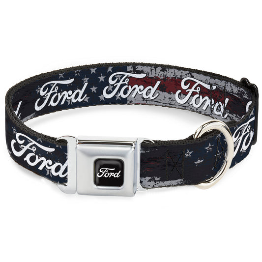 FORD Script Full Color Black/White Seatbelt Buckle Collar - FORD Script Stars and Stripes Americana Weathered