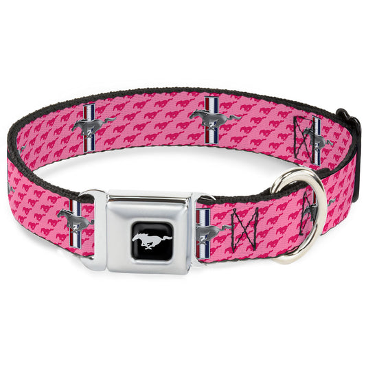 Ford Mustang Emblem Seatbelt Buckle Collar - Ford Mustang w/Bars w/Text PINK LOGO REPEAT