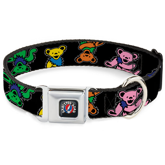 GRATEFUL DEAD Text with Steal Your Face Logo Full Color Black Seatbelt Buckle Collar - Grateful Dead Dancing Bears Close-Up Black/Multi Color