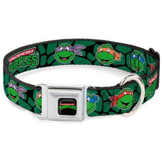 Classic TMNT Logo Full Color Seatbelt Buckle Collar - Classic TMNT Turtle Faces Black/Green Turtle Shell