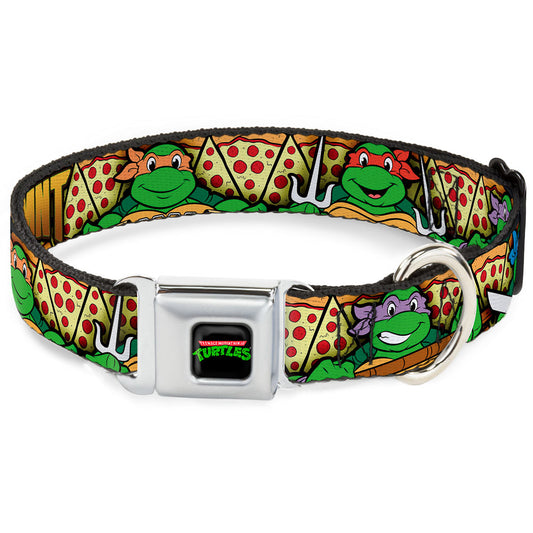 Classic TMNT Logo Full Color Seatbelt Buckle Collar - Classic TMNT Turtle Poses/Pizza Slices