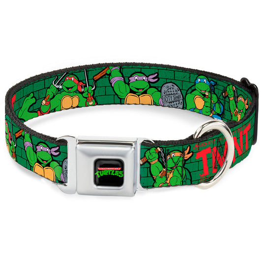 Classic TMNT Logo Full Color Seatbelt Buckle Collar - Classic TMNT Group Pose2/TMNT Green Brick Wall