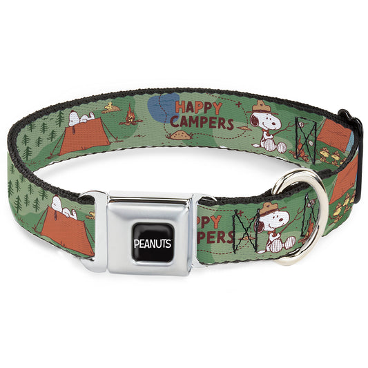 PEANUTS Title Logo Full Color Black/White Seatbelt Buckle Collar - Peanuts HAPPY CAMPER BEAGLE SCOUTS Scenes