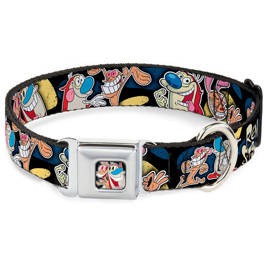 Ren & Stimpy Pose Full Color Black Seatbelt Buckle Collar - REN & STIMPY Poses Black/Blue/Yellow