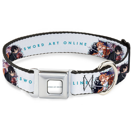 SWORD ART ONLINE Title Logo Full Color White/Blue Seatbelt Buckle Collar - SWORD ART ONLINE Asuna and Kirito Action Pose and Title Logo White