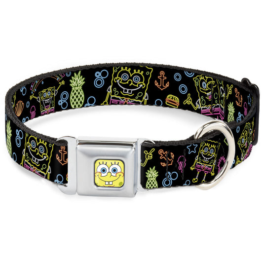 Sponge Bob Face CLOSE-UP Seatbelt Buckle Collar - Electric SpongeBob Poses/Elements Black/Multi Color