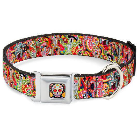 Sugar Skull Starburst Full Color Black/Multi Color Seatbelt Buckle Collar - Dancing Catrinas Collage Multi Color