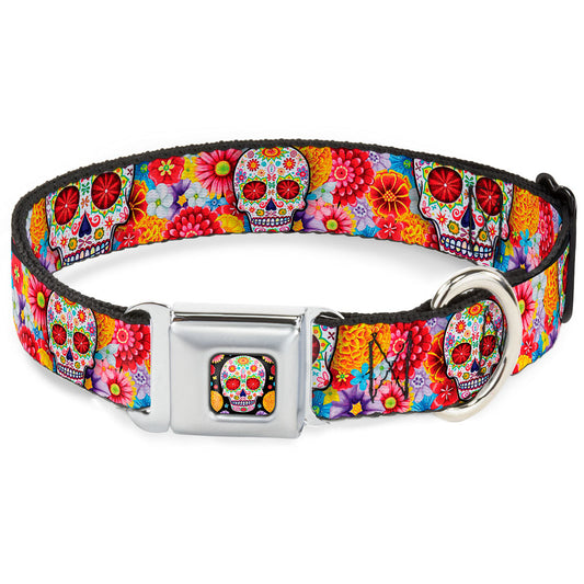 Sugar Skull Starburst Full Color Black/Multi Color Seatbelt Buckle Collar - Sugar Skull Starburst White/Multi Color