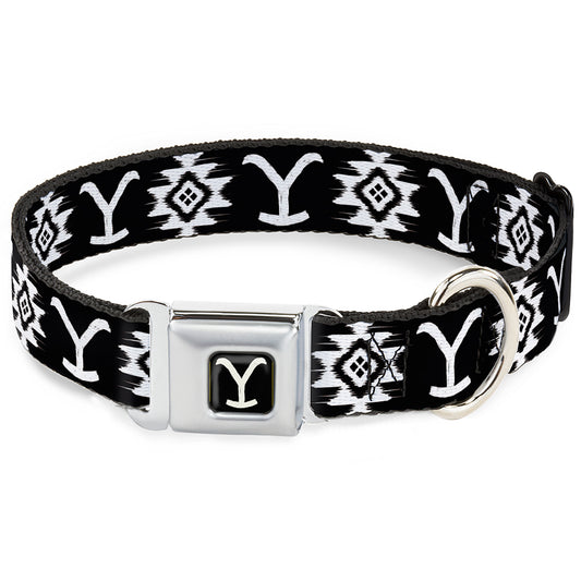 Yellowstone Y Logo Full Color Black/White Seatbelt Buckle Collar - Yellowstone Dutton Ranch and Native American Icons Black/White