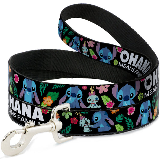 Dog Leash - OHANA MEANS FAMILY/Stitch & Scrump Poses/Tropical Flora Black/White/Multi Color