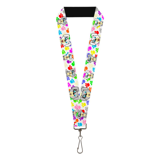 Lanyard - 1.0" - Puppies w Paw Prints White Multi Color