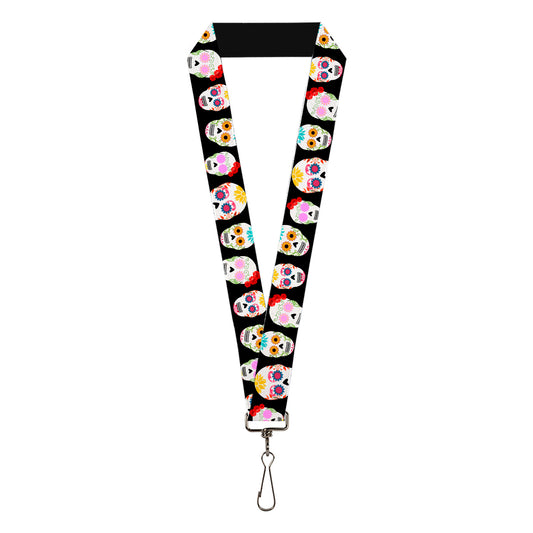Lanyard - 1.0" - Staggered Sugar Skulls Black Multi Color