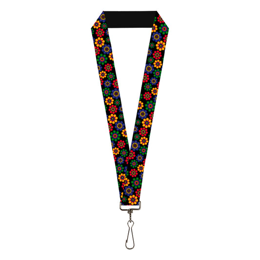 Lanyard - 1.0" - Psychedelic Daisies Black Multi Color