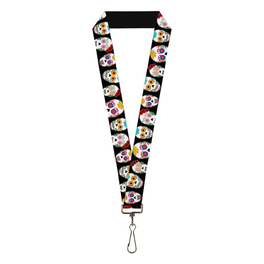 Lanyard - 1.0" - Sugar Skull Outline Black Multi Color