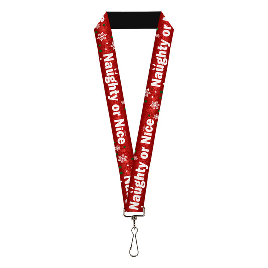 Lanyard - 1.0" - Christmas NAUGHTY OR NICE Snowflakes Reds White Green