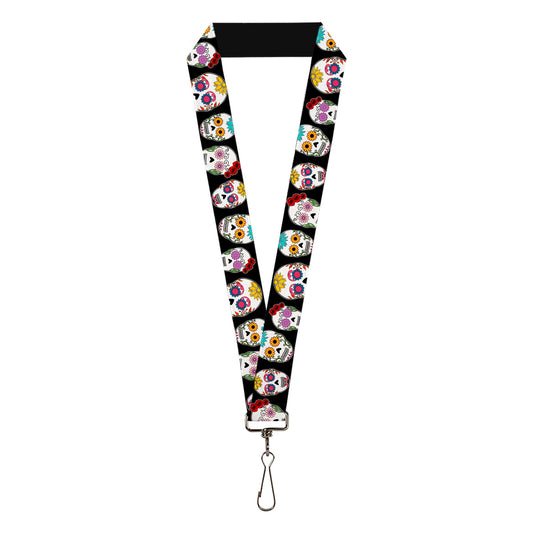 Lanyard - 1.0" - Staggered Sugar Skulls CLOSE-UP Black Multi Color