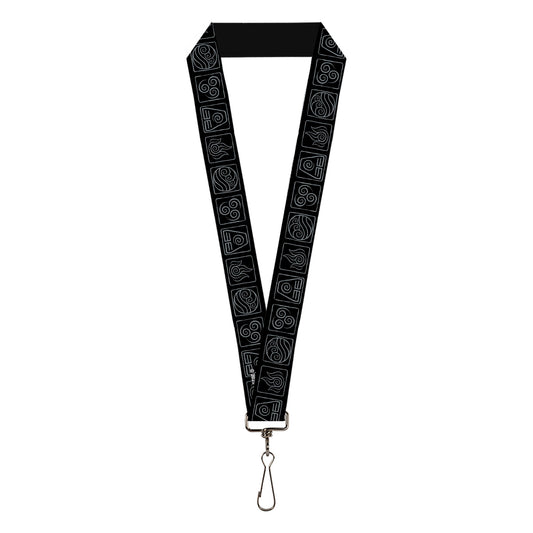 Lanyard - 1.0" - Avatar the Last Airbender Bending Elements Icons Black Gray