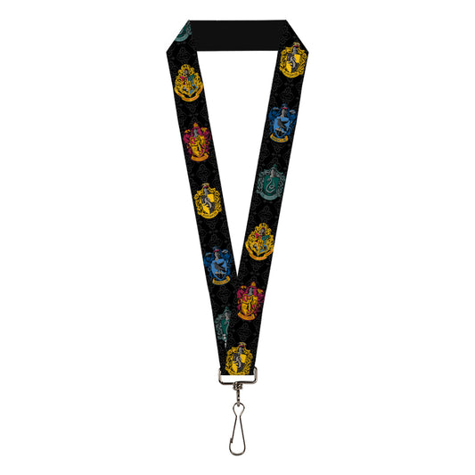 Lanyard - 1.0" - Hogwarts & 4-House Crests Filigree Black Gray