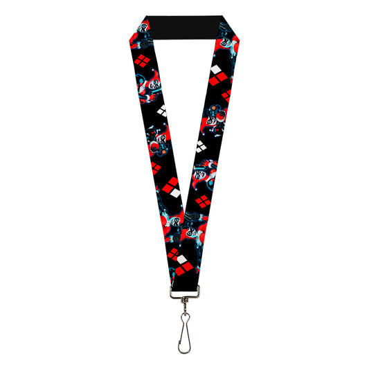 Lanyard - 1.0" - Harley Quinn Shooting Poses Diamonds Black Red White