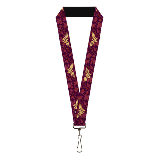 Lanyard - 1.0" - Wonder Woman Logo Floral Collage Purple Pinks Gold