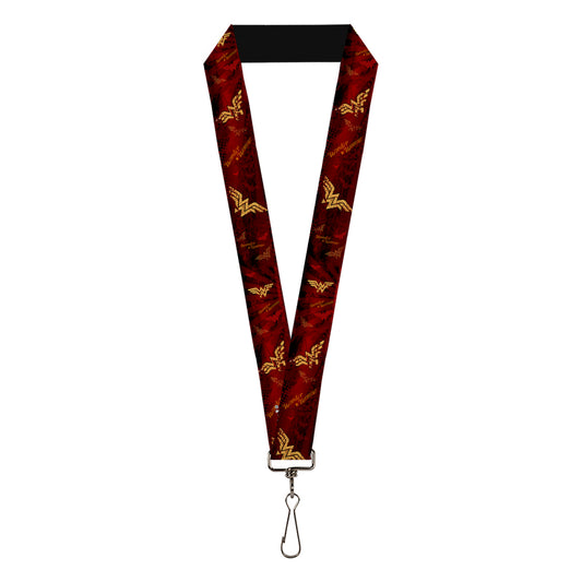 Lanyard - 1.0" - WONDER WOMAN Logo Text Scattered Rays Weathered Burgundy Gold
