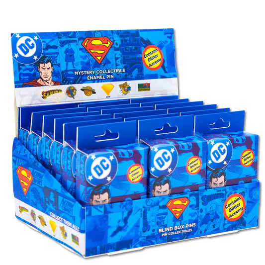 DC Comics Superman Mystery Enamel Pin Blind Box PDQ - Daily Planet, Superman Logo, Superman Shield, POW!, Comic Book Cover, or Superman Flying - 18 Boxes Total