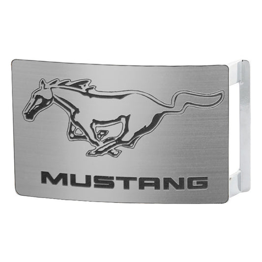 Ford Mustang w Text Rock Star Buckle - Brushed Silver Black