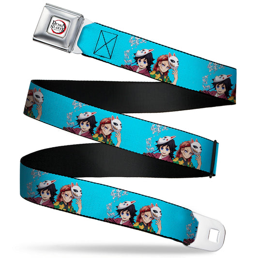 DEMON SLAYER Title Logo Full Color White Seatbelt Belt - Demon Slayer Giyu and Sabito Warding Mask Pose Blue Webbing